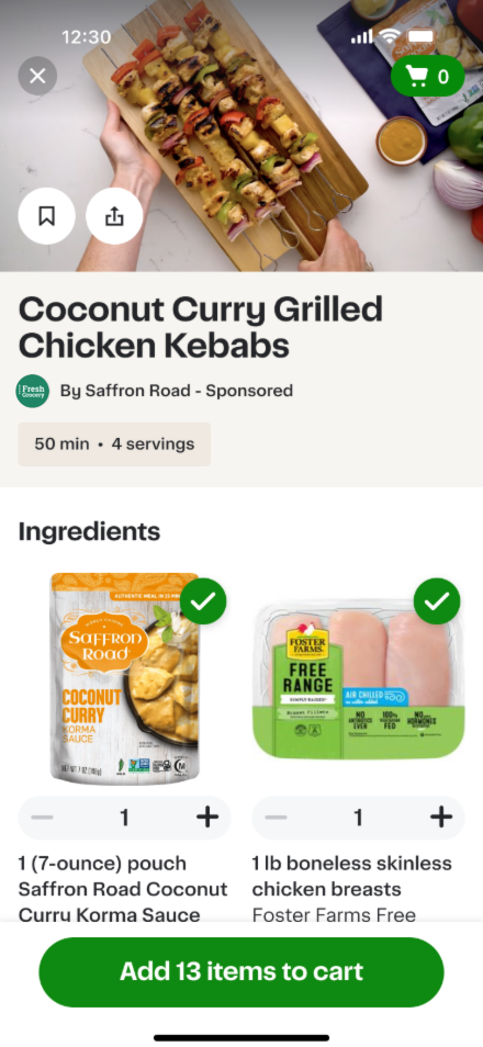 Shows a sponsored recipe ad for Coconut Curry Grilled Chicken Kebabs by Saffron Road, with shoppable ingredients and an Add items to cart button.